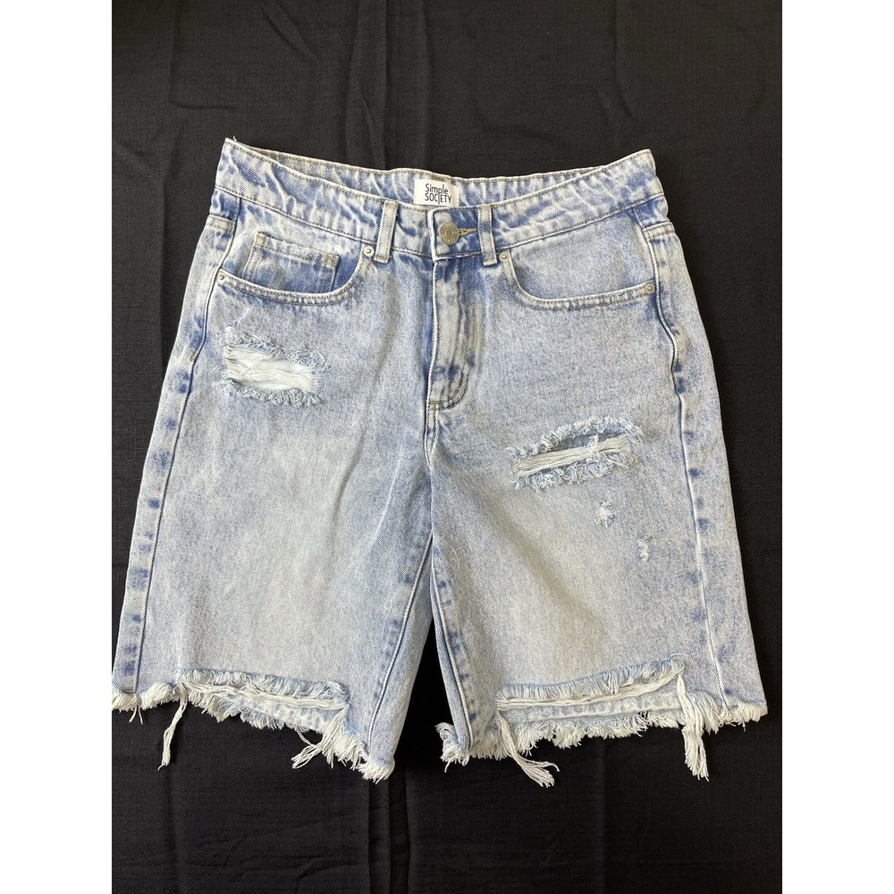 Simple Society Bermuda Distressed Denim Shorts Light Blue Stretch Size 5/27